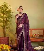 Wine sitara chiffon designer partywear saree for rich indian looks