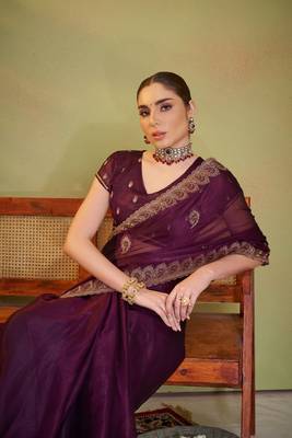 Wine sitara chiffon designer partywear saree for rich indian looks 3