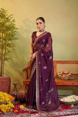 Wine sitara chiffon designer partywear saree for rich indian looks 4