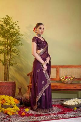 Wine sitara chiffon designer partywear saree for rich indian looks 5