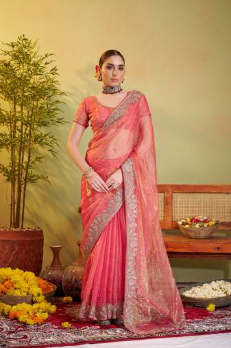 Peach tissue organza designer partywear saree for rich indian looks