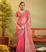 Peach tissue organza designer partywear saree for rich indian looks