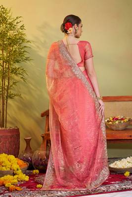 Peach tissue organza designer partywear saree for rich indian looks 2
