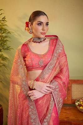 Peach tissue organza designer partywear saree for rich indian looks 3