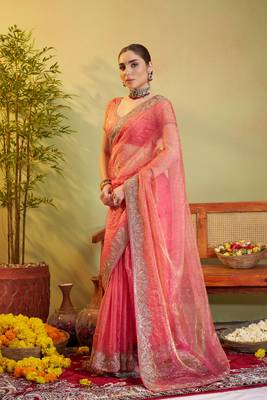 Peach tissue organza designer partywear saree for rich indian looks 4