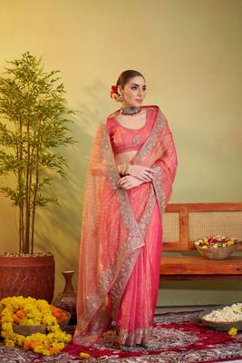 Peach tissue organza designer partywear saree for rich indian looks 5