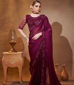 Purple satin jacquard designer partywear saree for rich indian looks