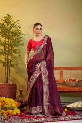 Wine jimmy choo satin designer partywear saree 1
