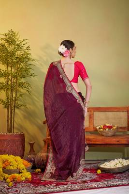 Wine jimmy choo satin designer partywear saree 2