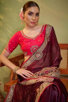 Wine jimmy choo satin designer partywear saree 3