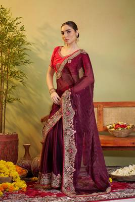Wine jimmy choo satin designer partywear saree 4