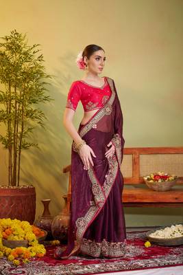 Wine jimmy choo satin designer partywear saree 5