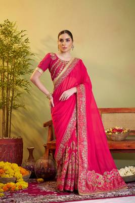 Pink barfi satin designer partywear saree 1