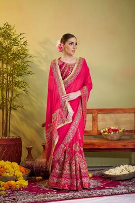 Pink barfi satin designer partywear saree 4