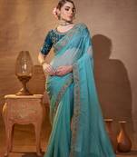 Sky blue organza designer partywear saree