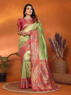 Green faux banarasi tissue silk blend saree with woven paithani design 1