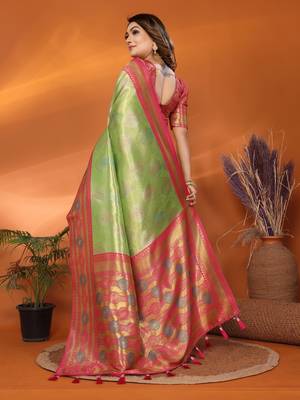 Green faux banarasi tissue silk blend saree with woven paithani design 2