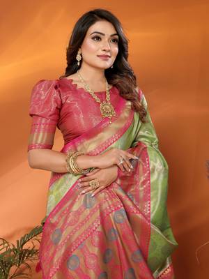 Green faux banarasi tissue silk blend saree with woven paithani design 3