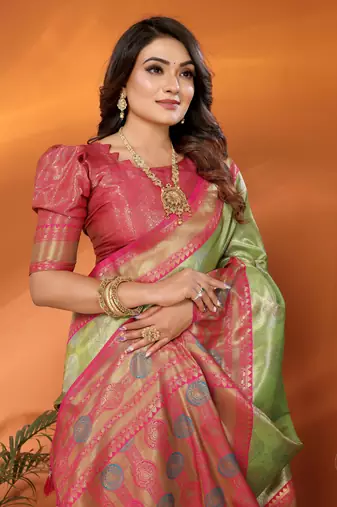 Green faux banarasi tissue silk blend saree with woven paithani design