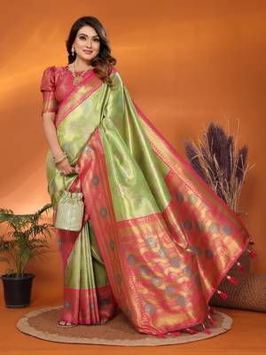 Green faux banarasi tissue silk blend saree with woven paithani design 4