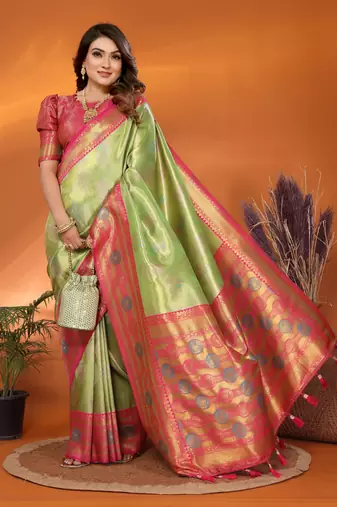 Green faux banarasi tissue silk blend saree with woven paithani design