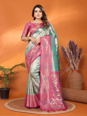 Sea green faux banarasi tissue silk blend saree with woven paithani design 1