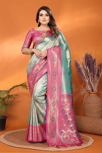 Sea green banarasi tissue silk blend saree with woven paithani design