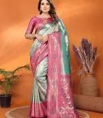 Sea green banarasi tissue silk blend saree with woven paithani design