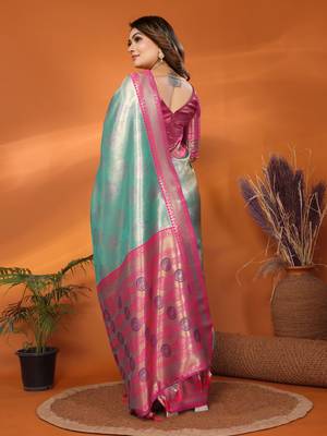 Sea green faux banarasi tissue silk blend saree with woven paithani design 2