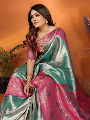Sea green faux banarasi tissue silk blend saree with woven paithani design 3