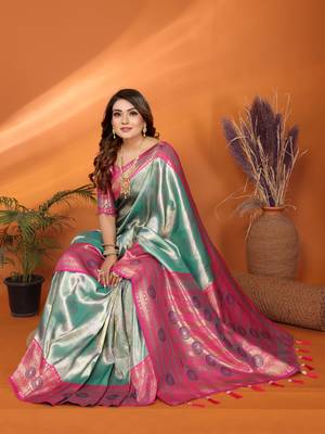 Sea green faux banarasi tissue silk blend saree with woven paithani design 4