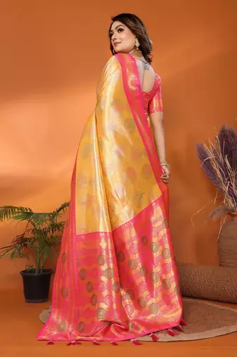 Mustard faux banarasi tissue silk blend saree with woven paithani design