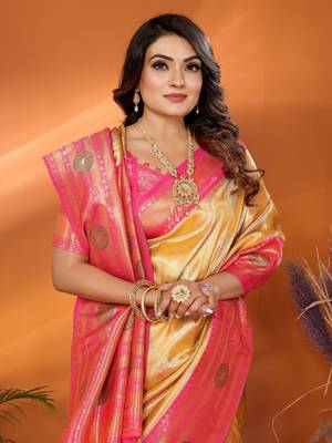 Mustard faux banarasi tissue silk blend saree with woven paithani design 3