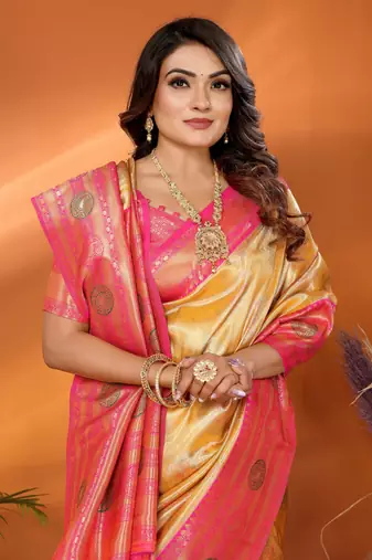 Mustard faux banarasi tissue silk blend saree with woven paithani design