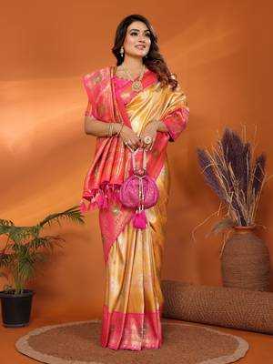 Mustard faux banarasi tissue silk blend saree with woven paithani design 4