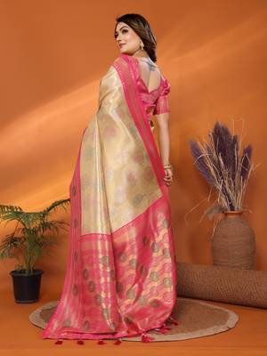 Beige faux banarasi tissue silk blend saree with woven paithani design 2