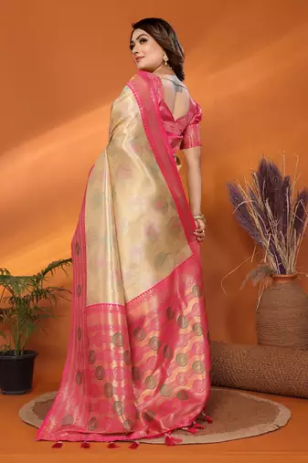 Beige faux banarasi tissue silk blend saree with woven paithani design