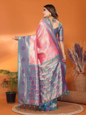 Peach faux banarasi tissue silk blend saree with woven paithani design 2