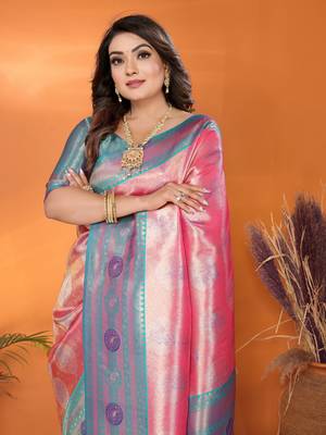 Peach faux banarasi tissue silk blend saree with woven paithani design 3