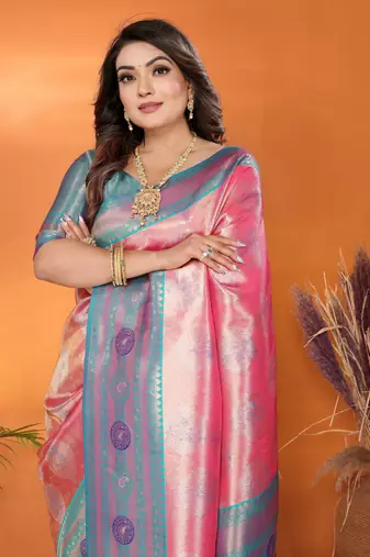 Peach faux banarasi tissue silk blend saree with woven paithani design
