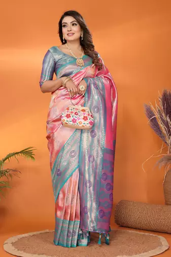 Peach faux banarasi tissue silk blend saree with woven paithani design