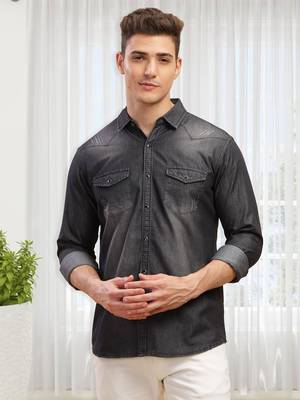 Men's double pocket distressed denim shirt | western denim shirt for men 1