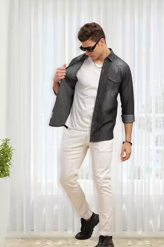 Men's double pocket distressed denim shirt | western denim shirt for men
