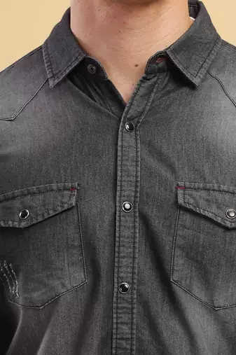 Men's double pocket distressed denim shirt | western denim shirt for men