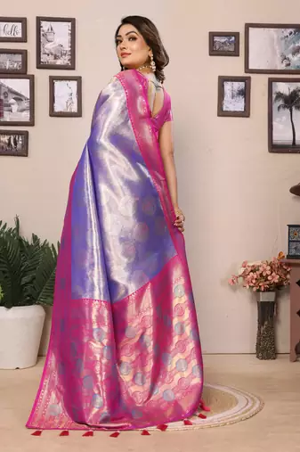 Lavender faux banarasi tissue silk blend saree with woven paithani design