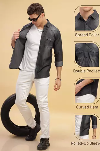 Men's double pocket distressed denim shirt | western denim shirt for men