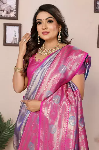 Lavender faux banarasi tissue silk blend saree with woven paithani design