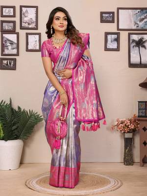 Lavender faux banarasi tissue silk blend saree with woven paithani design 4