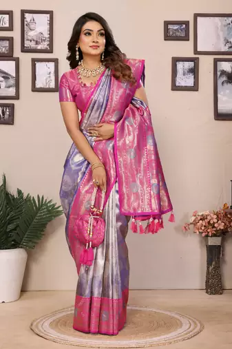 Lavender faux banarasi tissue silk blend saree with woven paithani design