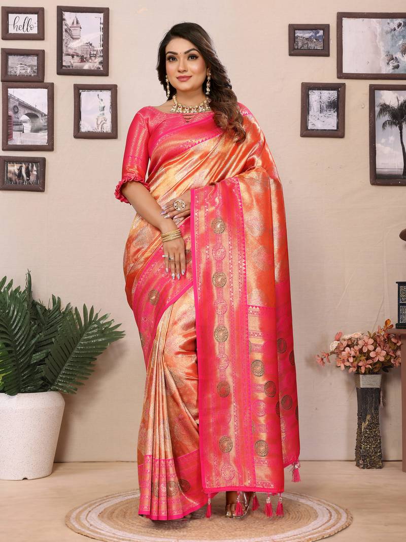 Orange banarasi tissue silk blend saree with woven paithani design